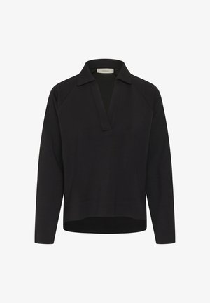 Schwarzes, langärmeliges Oberteil mit Kragen und tiefem V-Ausschnitt, lockere Passform, aus glattem Stoff, leicht abgerundeter Saum.