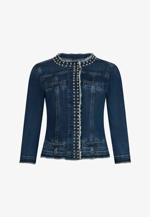 Tamsiai mėlynas džinsinis švarkelis ilgomis rankovėmis, papuoštas sidabriniais kaiščiais priekyje ir ties iškirpte, su dviem priekinių kišenių ir sutrūkinėjusiomis kraštinėmis.