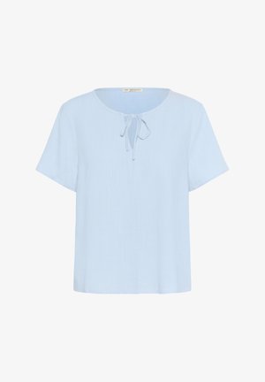 Blusa a maniche corte blu chiaro con scollatura rotonda e dettaglio a fiocco davanti. Realizzata in un tessuto morbido e testurizzato.