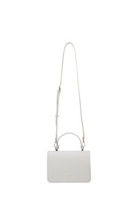 Piccola borsa rettangolare in finta pelle grigia chiara. Presenta un manico superiore e una tracolla regolabile e removibile. Dettaglio di branding in oro.