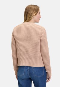 Lichtroze gebreide trui met een gestructureerde weving, cropped lengte, geribde manchetten en tailleband. De achteraanzicht toont de eenvoud in het ontwerp.