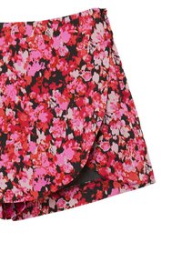 Gonna a portafoglio floreale in rosa, rosso e nero con dettaglio frontale stratificato e vivace motivo di fiori astratti.