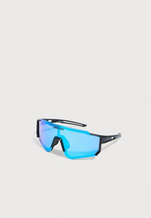 Sportsbriller med svart ramme og ett stort blåtonet glasspanel, med "Santa Cruz"-logo øverst i midten av glasset.