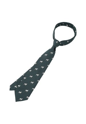 Mørkegrønt slips med et sløyfeknute mønster som har små hvite hestemotiver jevnt fordelt over stoffet.