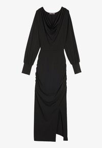 Black dress with a cowl neckline, long puff sleeves, side ruching, and a slit on the left side, made from a smooth, stretchy fabric.