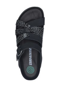 Schwarze Rutschsandalen mit Leopardenmuster-Riemen, verstellbarer Metall-Schnalle und strukturiertem Fußbett. Die Sohle zeigt ein spiralförmiges Logo in Grün.