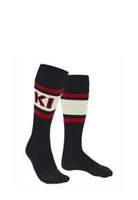Calze nere fino al ginocchio con strisce rosse e crème, con il logo "KI" in rosso. Realizzate in un materiale morbido ed elastico con punta rinforzata.