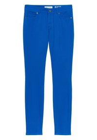 Jeans ajustados azules con una textura suave, cinco bolsillos y sutiles detalles de metal. Diseñados para una silueta entallada.