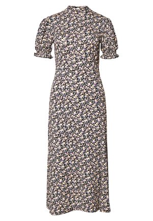 Květinové midi šaty s nafouklými rukávy, vysokým límcem, černým základem, růžovými a bílými květy, hladkou tkaninou a mírně áčkovou siluetou.