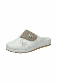 Weiße Filzclogs mit einer runden Zehe, grauem Musterträger, silbernem Schmetterlingsakzent und strukturiertem weißen Boden. Besticktes Schmetterlingsdesign an der Seite.