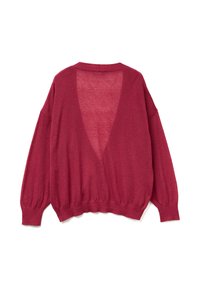 Bordový pletený svetr s širokým V výstřihem na zadní straně, dlouhými puff rukávy, žebrovanými manžetami a lemem. Lehce, měkká textura s volným střihem.