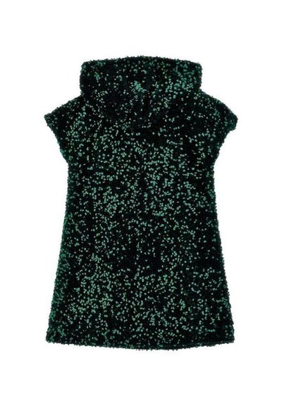 Robe sans manches avec un col haut, fabriquée en tissu vert foncé présentant des motifs texturés et dispersés dans des teintes de vert plus claires.