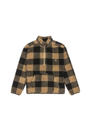 Brown and black plaid fleece pullover with quarter zip, high collar, and front pouch pocket. Textured, soft fabric with a cozy appearance.