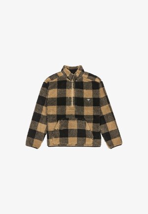 Brun og svart rutet fleece-pullover med kvart glidelås, høy krage og frontlomme. Teksturert, mykt stoff med et koselig utseende.