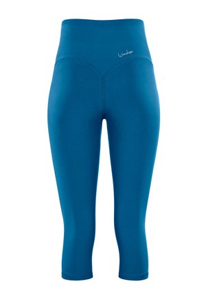 Tealfärgade högmidjade capri-leggings med en slät yta, som har en subtil präglad logotyp på midjebandet och en figurnära silhuett.