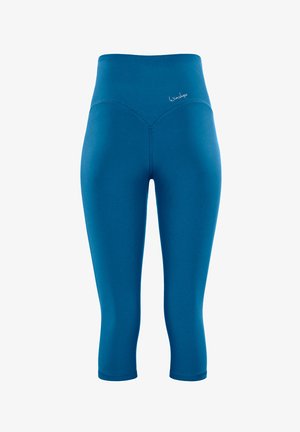 Teal high-waisted capri leggings with a smooth finish, featuring a subtle embossed logo on the waistband and fitted silhouette.