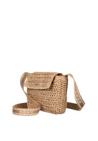 Borsa a tracolla in paglia intrecciata di colore beige, con pattina a ribalta, tracolla regolabile con logo "ROXY" e forma rettangolare.