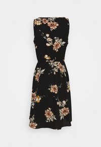 Ärmlös svart midi-klänning med bruna, beige och vita blommönster, figursydd midja och rak halsringning.