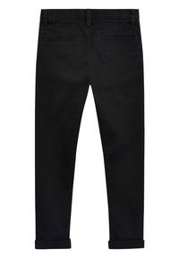Schwarze Hose mit glatter Textur, geradem Schnitt, umgeschlagenen Säumen und zwei Gesäßtaschen. Schlichtes Design ohne sichtbare Muster oder Beschläge.