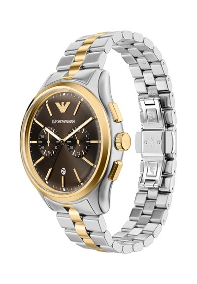 Uhr aus Edelstahl in Silber- und Goldton mit braunem Zifferblatt, drei Chronographen-Unterzifferblättern und Datumsanzeige. Verfügt über ein Gliederarmband.