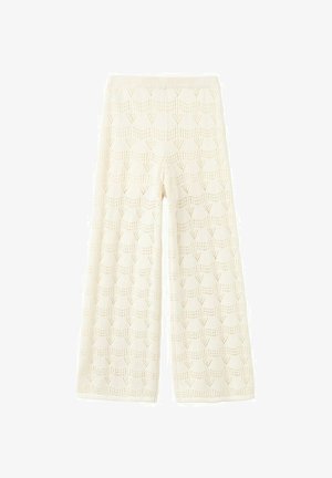 Pantalon large en maille couleur crème avec un motif ajouré géométrique et une ceinture élastique.