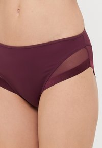Bourgondische hipster slipjes van een gladde stof met doorzichtige mesh-inzetten aan de zijkanten en een stevige tailleband. Flatse stitching voor comfort.