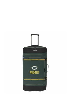 Valigia a rotelle verde scuro e nera con manico telescopico, strisce gialle e logo e testo dei Green Bay Packers sulla tasca anteriore.