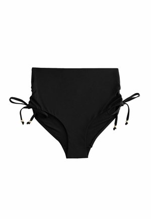 High-waisted black bikini bottom with side ties, featuring gold accents. Smooth fabric with a sleek design, enhancing comfort and fit.