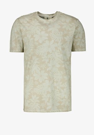 Beżowy t-shirt z krótkim rękawem, z subtelnym białym wzorem kwiatów i liści, z okrągłym dekoltem.