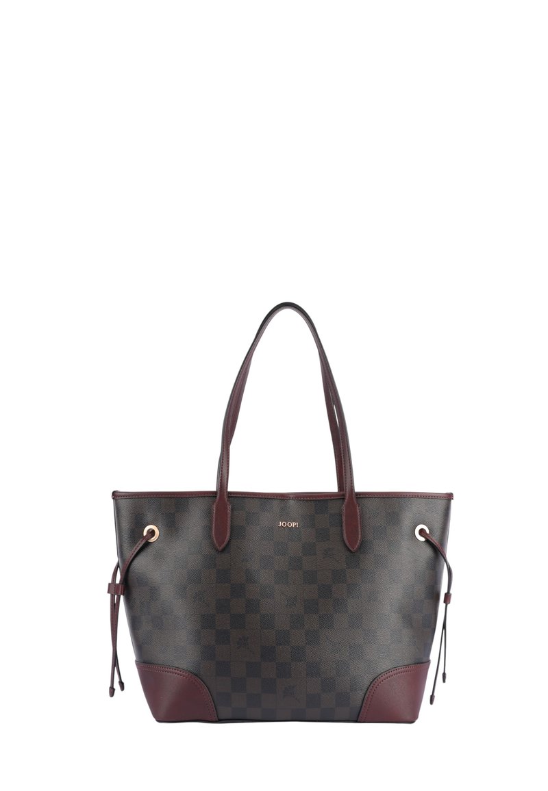 Brun ternet skuldertaske med kastanjebrun læderdetaljer, dobbelthåndtag, snøredetaljer og logo foran, lavet af holdbart materiale.