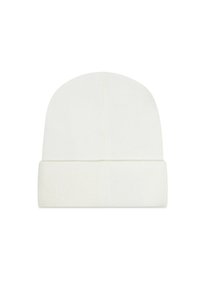 Cappello beanie lavorato a maglia di colore bianco, con una cima arrotondata e un risvolto. Realizzato in un morbido tessuto testurizzato per comfort e calore.