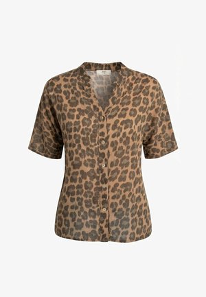 Blusa a maniche corte con stampa leopardata marrone e nera, scollo a V e chiusura frontale con bottoni.