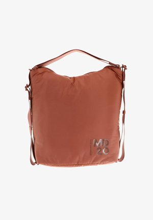 Sac à épaule rembourré marron avec des bretelles réglables et un logo métallique "MD 20" dans le coin inférieur droit.