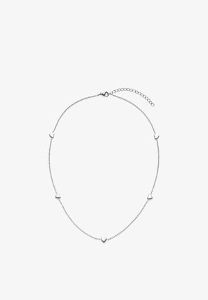 Collier en chaîne argentée avec cinq petits pendentifs en forme de cœur polis, répartis uniformément le long de la chaîne, doté d'un fermoir réglable pour ajuster la taille.