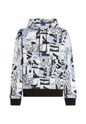 Hooded sweatshirt with a blue and white abstract pattern, featuring black accents and text. Made from soft fabric with a relaxed fit.