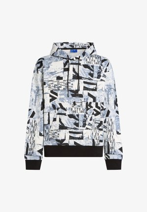 Felpa con cappuccio con un motivo astratto blu e bianco, caratterizzata da accenti neri e testo. Realizzata in tessuto morbido con una vestibilità rilassata.