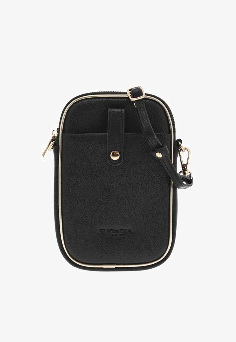 Sac bandoulière en simili cuir noir avec accent en fermeture éclair dorée, poche avant, bandoulière ajustable et logo "Fuchsia Paris" en relief.