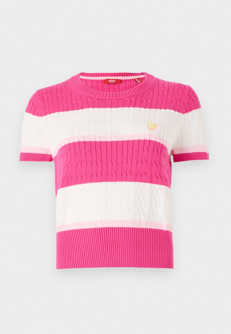 Sweter krótkosleeve z dzianiny, w poziome paski w różnych odcieniach różu i bieli. Żebrowany dekolt i dół z detalem logo.