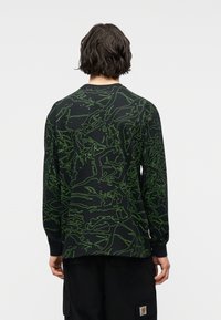 Άτομο με σκούρα, κυματιστά μαλλιά που φορά μαύρο μακρυμάνικο πουκάμισο με πράσινα αφηρημένα γραμμικά μοτίβα, εμφανιζόμενο από πίσω, σε απλό φόντο.