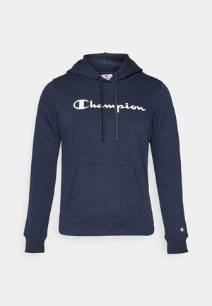 Sweat-shirt à capuche bleu marine en tissu doux. Présente une poche kangourou, une capuche avec cordon de serrage, et un logo "Champion" blanc bien visible sur le devant.