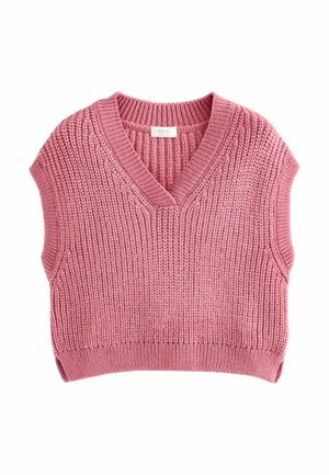 Rosa gestrickter ärmelloser Pullover mit V-Ausschnitt, der ein strukturiertes Muster und einen gerippten Saum aufweist. Hergestellt aus einem weichen, groben Garn.