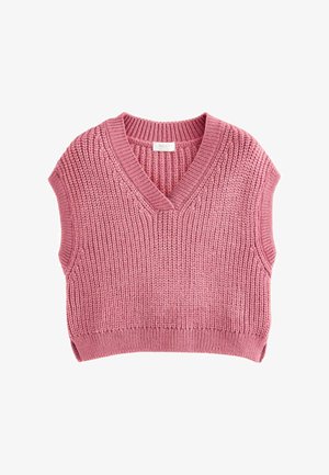 Roosa kudum v-kaelusega ilma varrukateta sviiter, millel on tekstuuriline muster ja ribiga äär. Valmistatud pehmest, paksust lõngast.