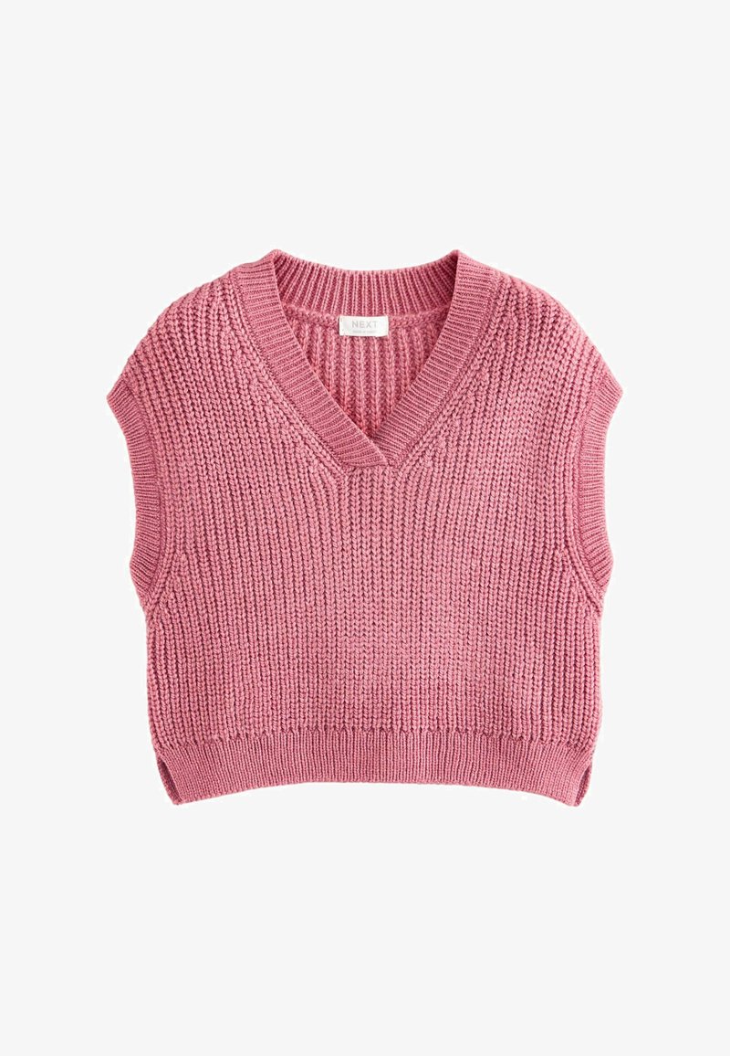 Rožnato pleteno brezrokavnik s prelomom v obliki črke V, s strukturo in rebrastim robom. Narejeno iz mehke, debeline preje.