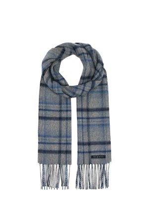 Gray and blue plaid scarf with fringed ends, made of soft fabric, folded in a loop with a small "bugatti" label.