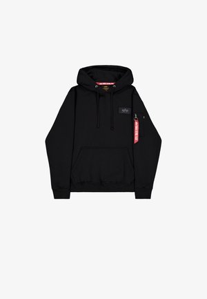 Black hooded sweatshirt with a front pouch pocket, ribbed cuffs, and a small logo patch. Features a zip pocket on the sleeve with a red tag.