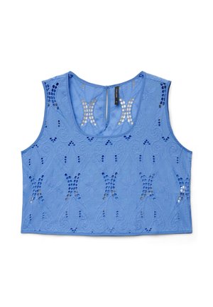 Top corto senza maniche blu con motivo in pizzo floreale e dettagli a ritaglio, scollo rotondo e chiusura posteriore con bottoni.