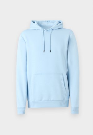 Lyseblå bomulds-hoodie med frontlomme, justerbare snore og ribbede manchetter og kant. Glat tekstur og afslappet design.