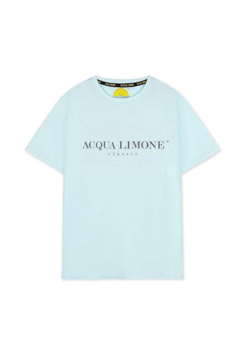 Ljusblå bomulls-T-shirt med rund halsringning och korta ärmar. Framsidan pryds av texten "ACQUA LIMONE classic" i mörkgrått.