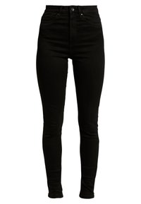 Black high-waist skinny jeans with front button and zipper closure, front and back pockets, displayed on a white background.