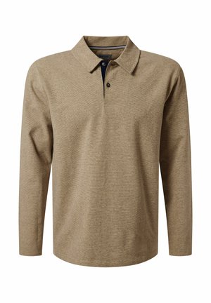 Beige Langarm-Polohemd mit Zwei-Knopf-Blende und Kragen, aus weichem Strickstoff, vor weißem Hintergrund präsentiert.